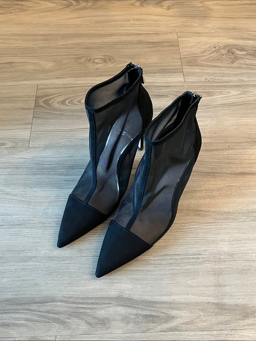 Zara Black Pointed Semi Sheer Mesh Ankle Boots
